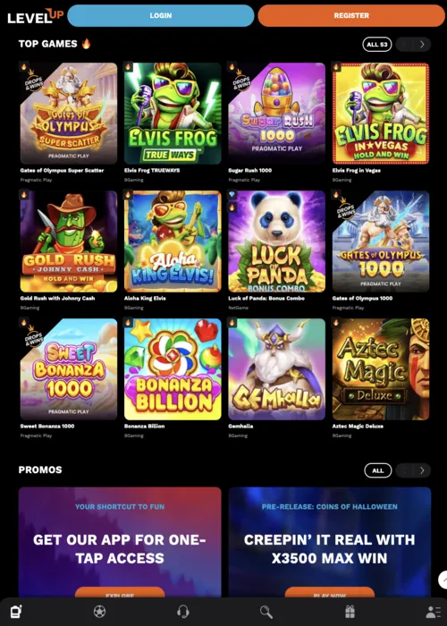 Main game selection portal Level Up Casino